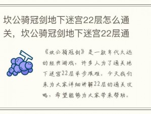 坎公骑冠剑：地下迷宫 22 通关秘籍大揭秘