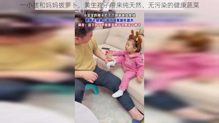 一小孩和妈妈拔萝卜，黄生孩子带来纯天然、无污染的健康蔬菜