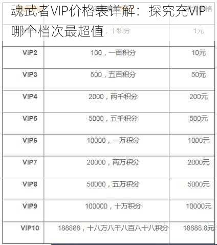 魂武者VIP价格表详解：探究充VIP哪个档次最超值