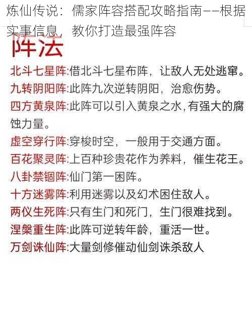 炼仙传说：儒家阵容搭配攻略指南——根据实事信息，教你打造最强阵容